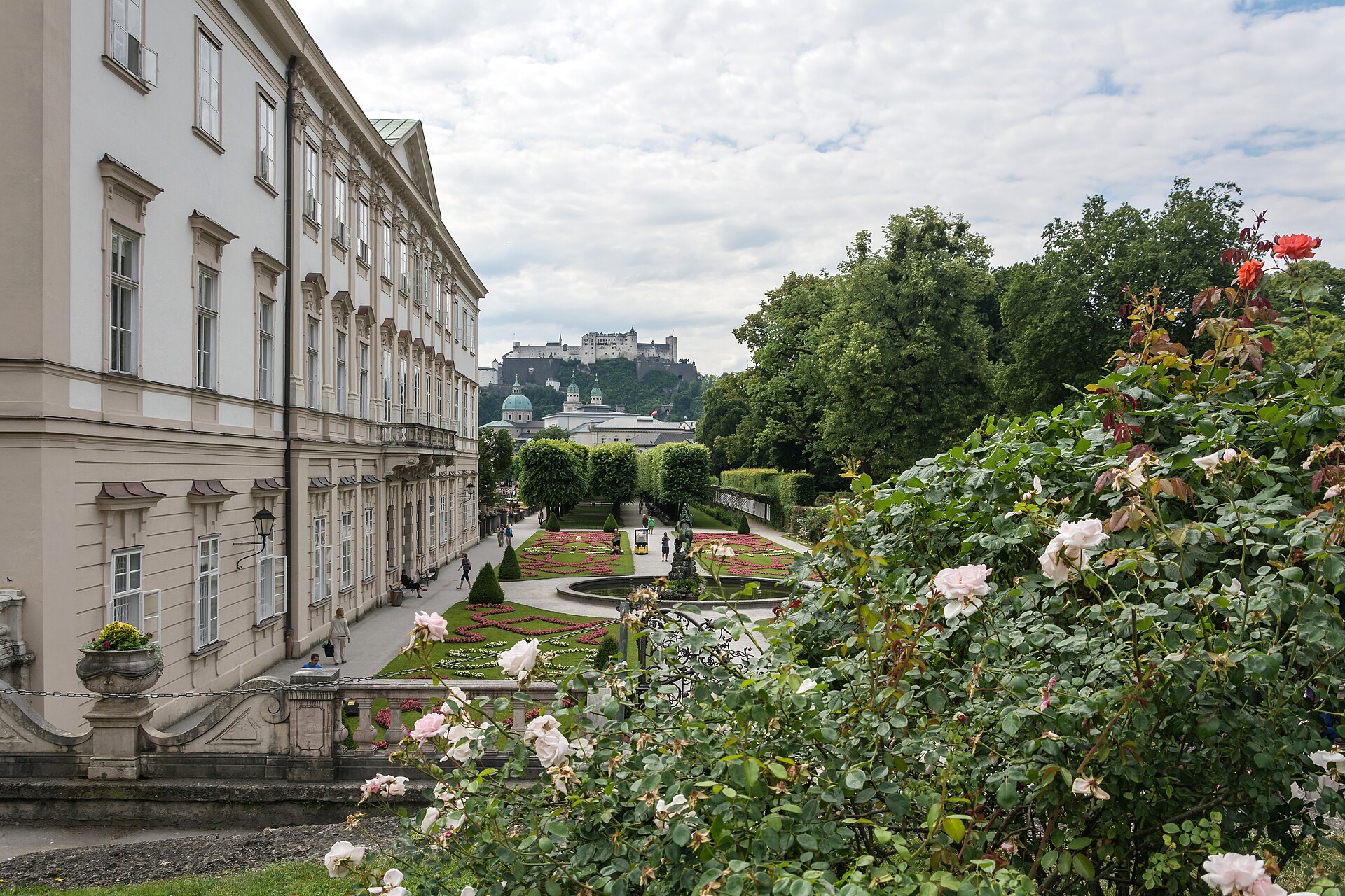 Jardines de Mirabell con la Fortaleza Hohensalzburg al fondo.
