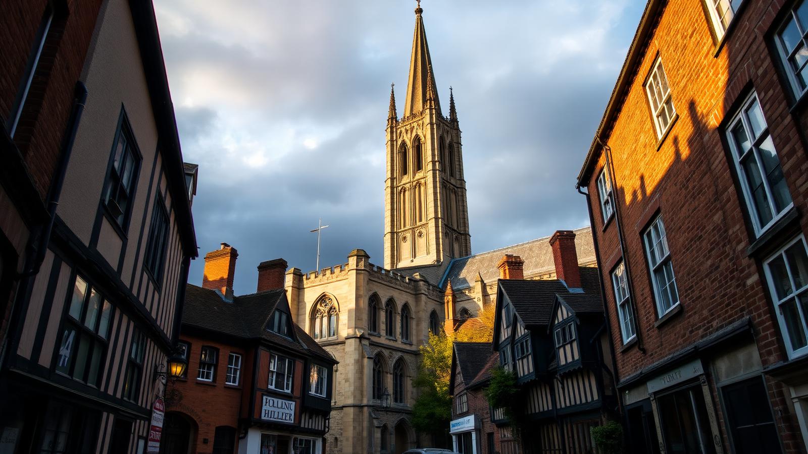Torre de Canterbury Cathedral sobre las calles medievales de Canterbury al atardecer