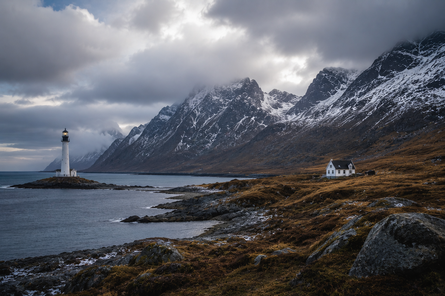 Solitary lighthouse beneath snow-capped fjord mountains