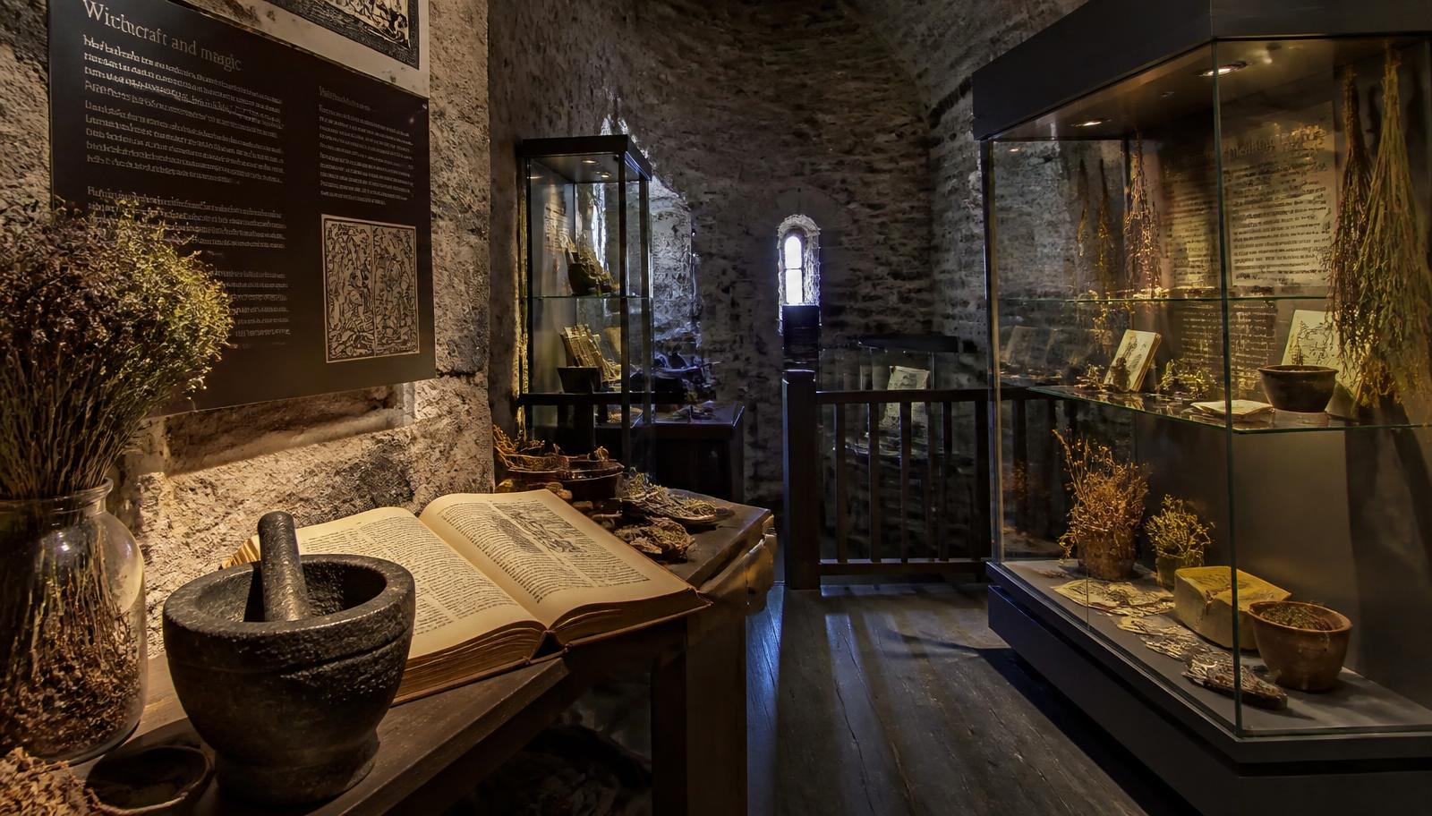 Sala expositiva dentro de una torre de piedra con vitrinas, hierbas medicinales y libros antiguos