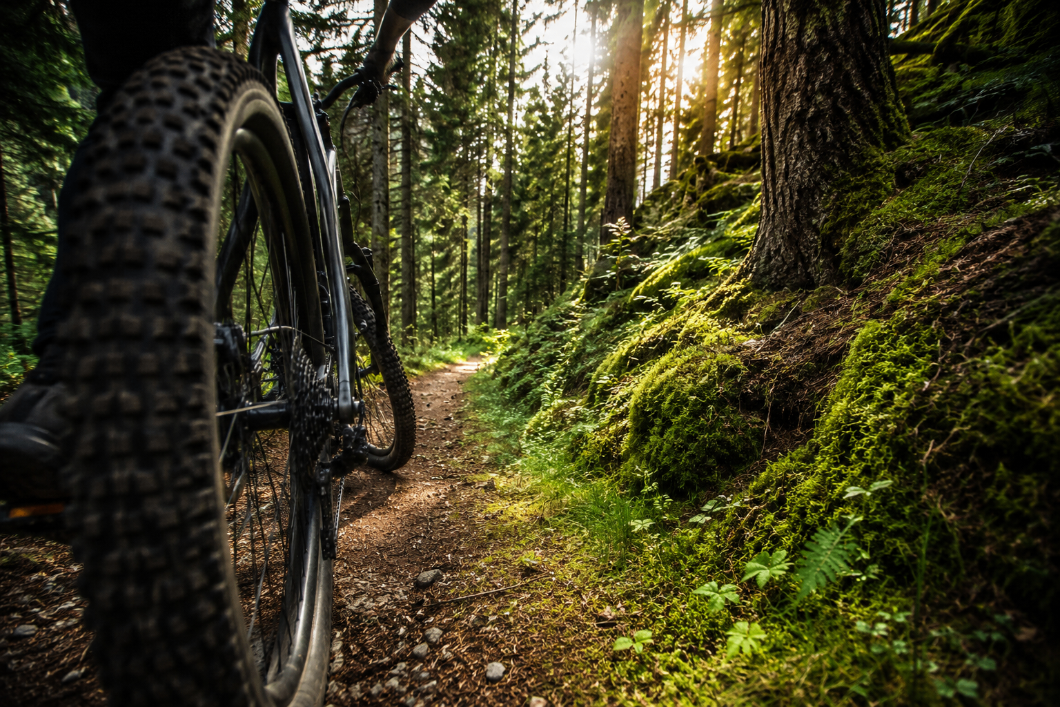 Mountain biking on a quiet forest trail at sunrise