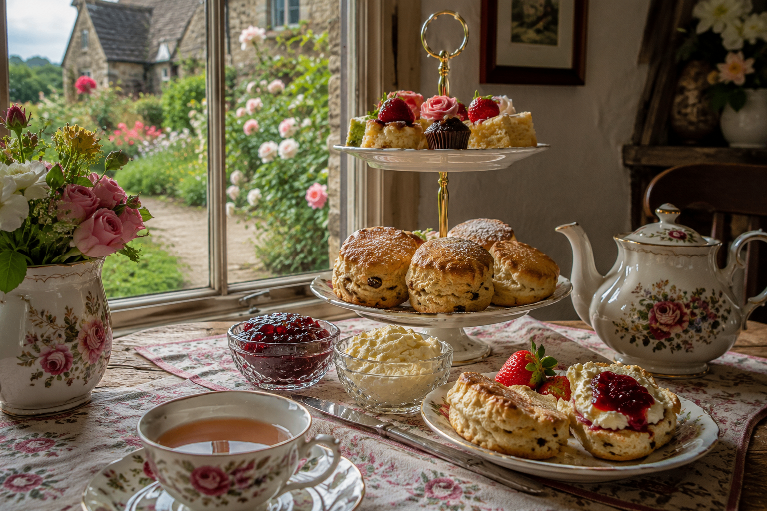Afternoon tea with scones by a cottage window
