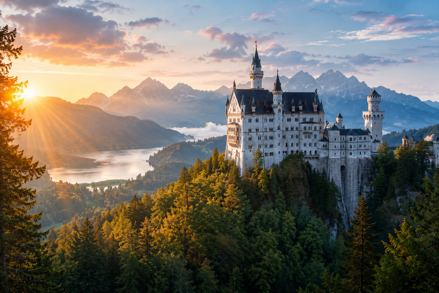 Storybook castle at sunrise above a mountain lake