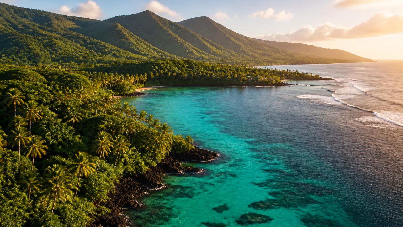 Costa tropical de Samoa con laguna turquesa, selva y palmeras al atardecer