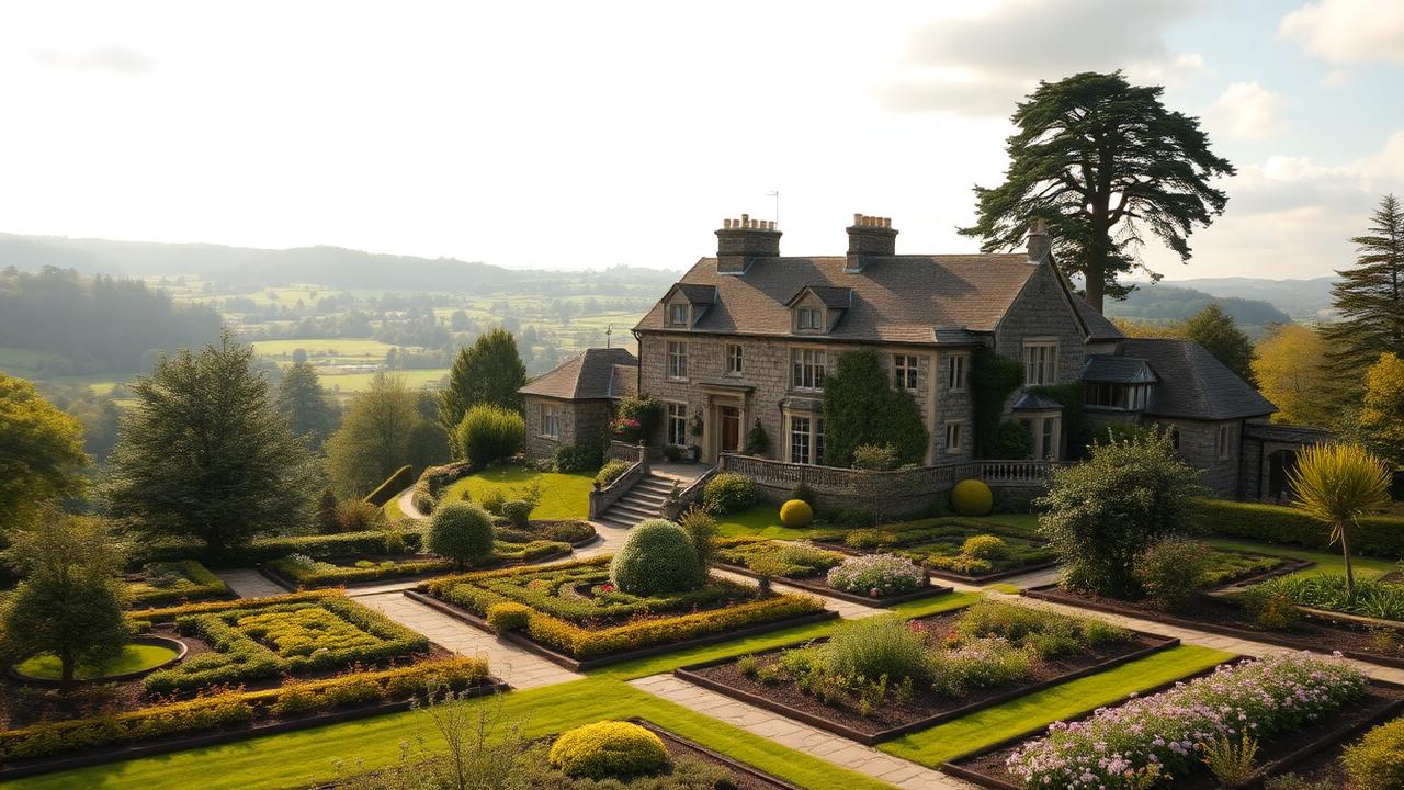 Casa señorial de piedra rodeada de jardines sobre un valle inglés cerca de Bath.