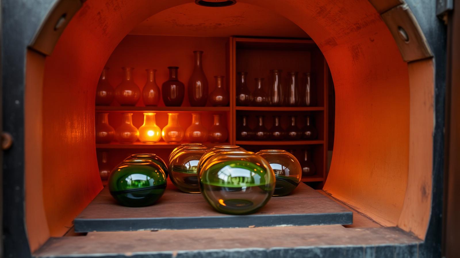 Piezas de vidrio recién sopladas enfriándose dentro de un horno de recocido de color naranja