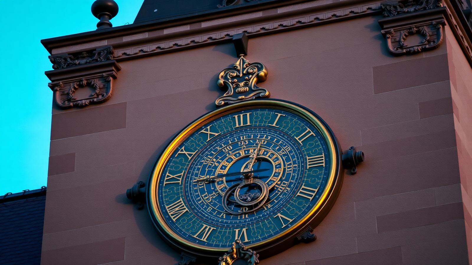 Detalle de la esfera astronómica dorada y azul del Reloj Astronómico de Praga