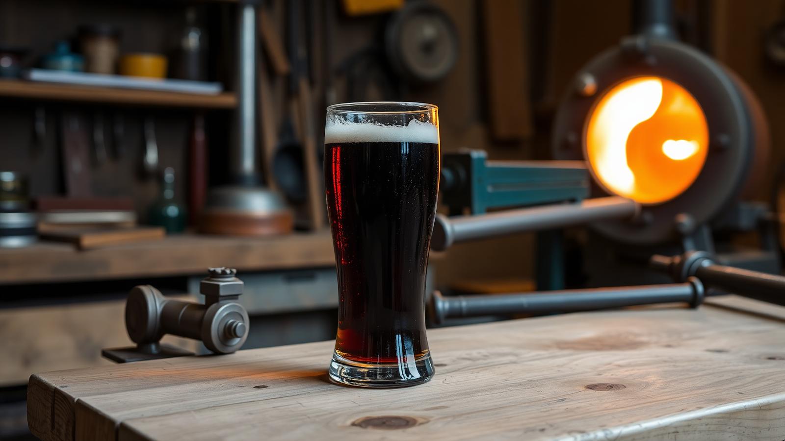 Vaso de cerveza oscura sobre un banco de trabajo junto a herramientas de soplado de vidrio