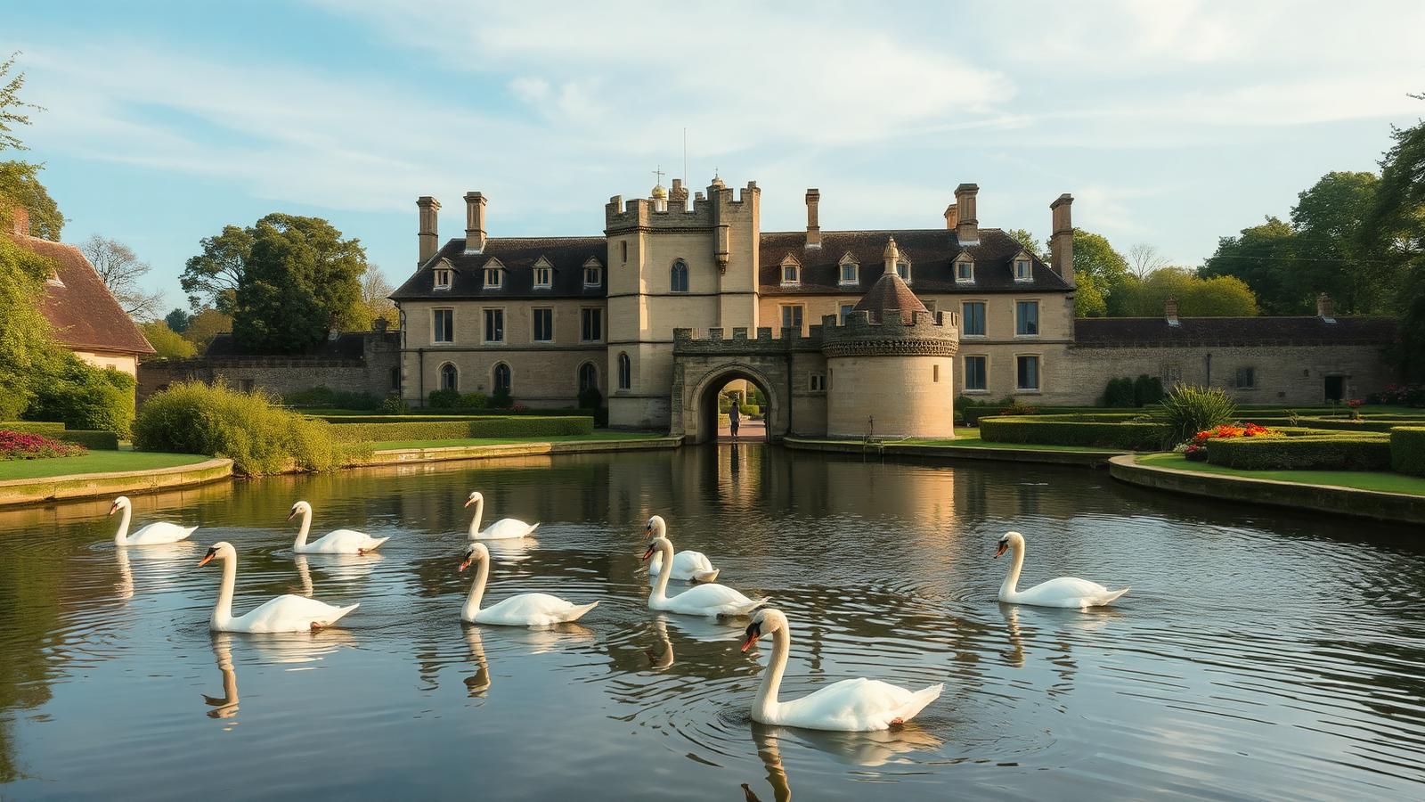 Palacio episcopal medieval de Wells rodeado por su foso con cisnes