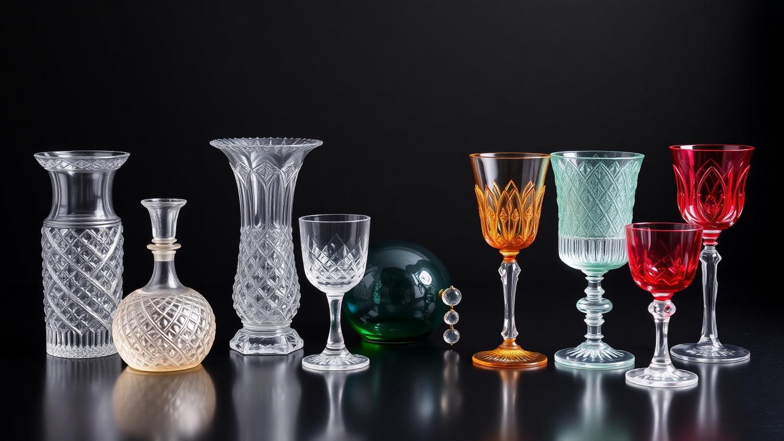 Conjunto de piezas de cristal tallado y vidrio soplado de colores sobre fondo oscuro