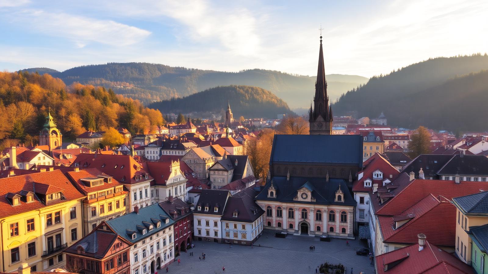 Plaza del Consejo de Brașov con fachadas de colores y la torre de la Iglesia Negra