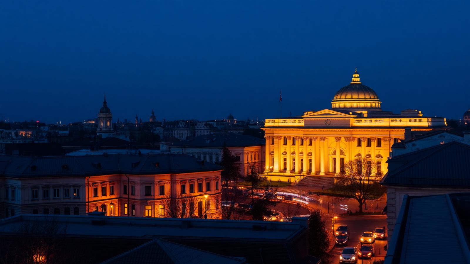 Vista nocturna del centro de Bucarest con el Ateneo Rumano iluminado