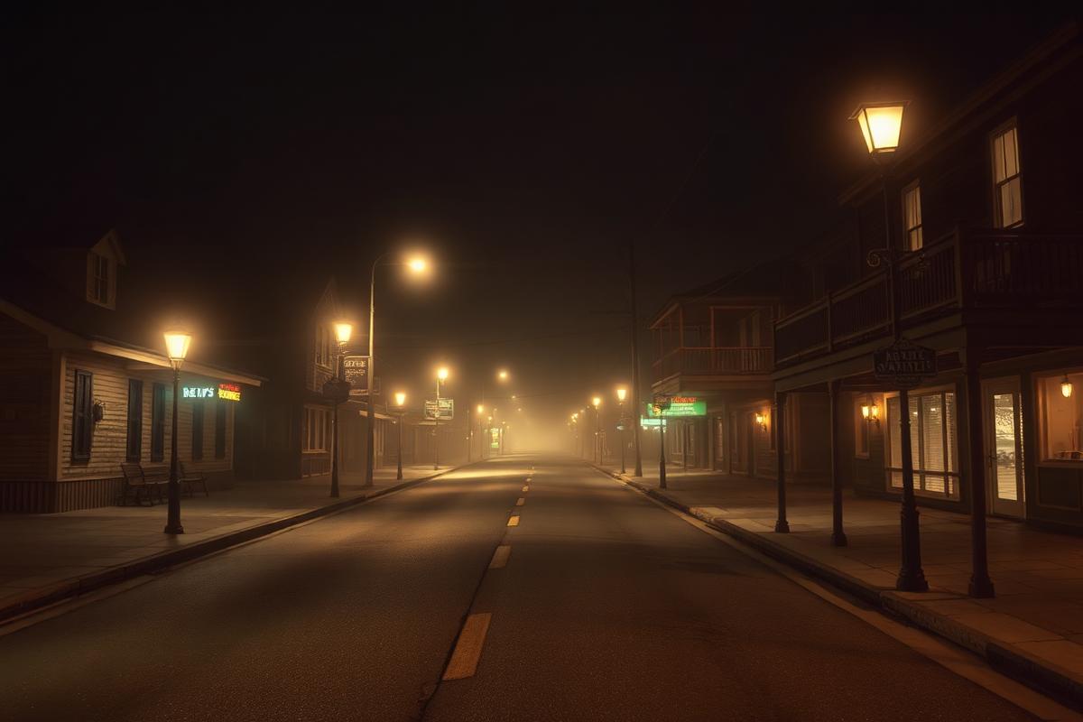 Calle desierta y neblinosa de una ciudad costera de los años veinte iluminada por farolas.