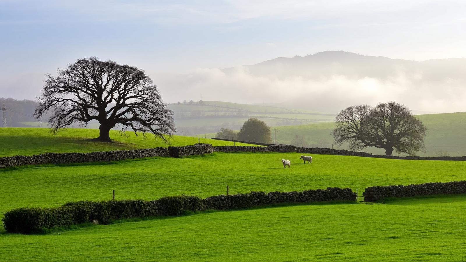 Campiña verde de Somerset con muros de piedra, árboles y colinas entre la niebla