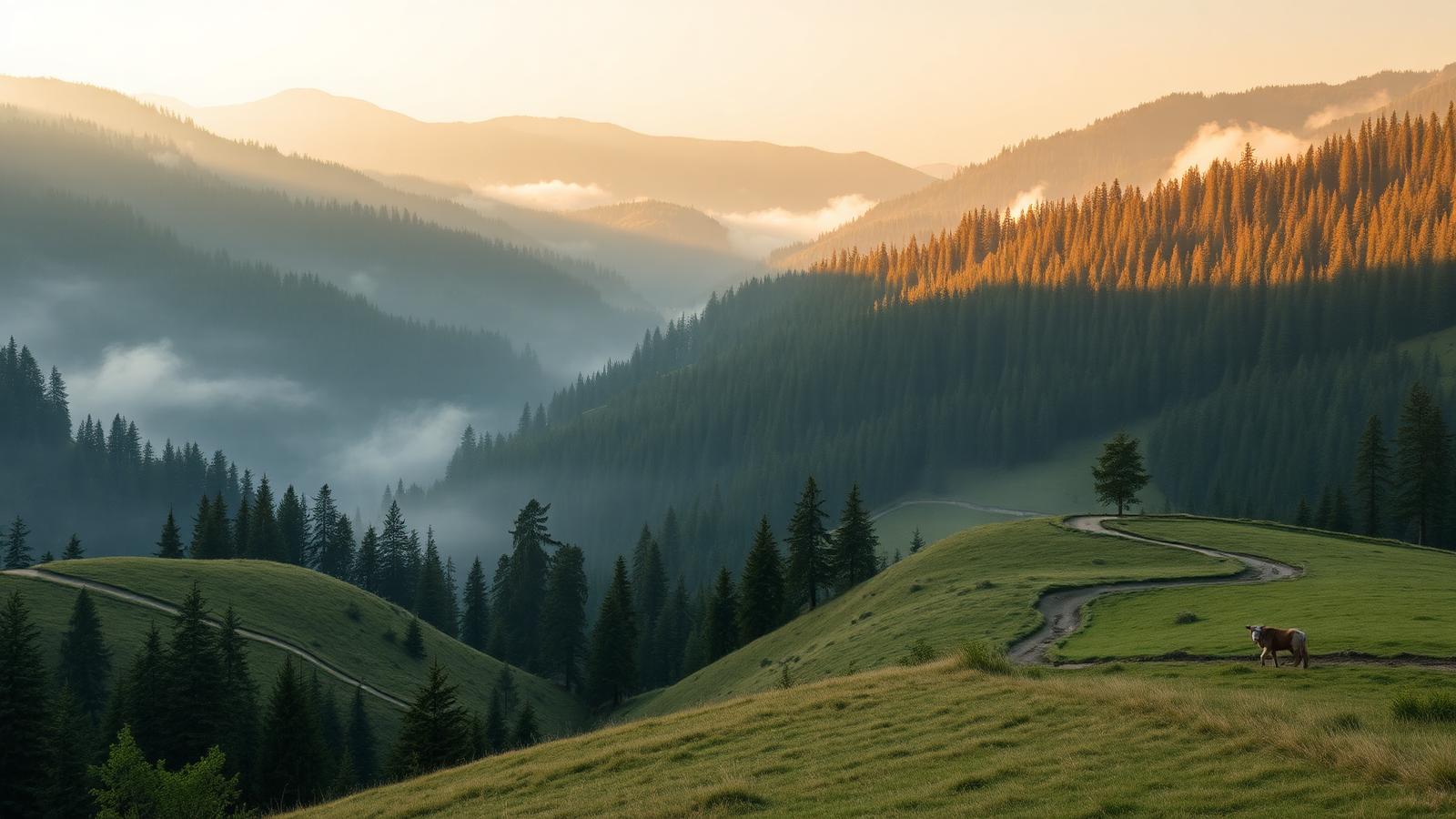 Bosques y valles de los Cárpatos rumanos entre la niebla