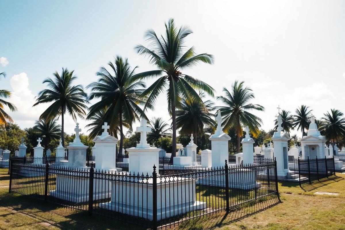 Cementerio tropical con tumbas blancas sobre el suelo, verjas de hierro y palmeras.