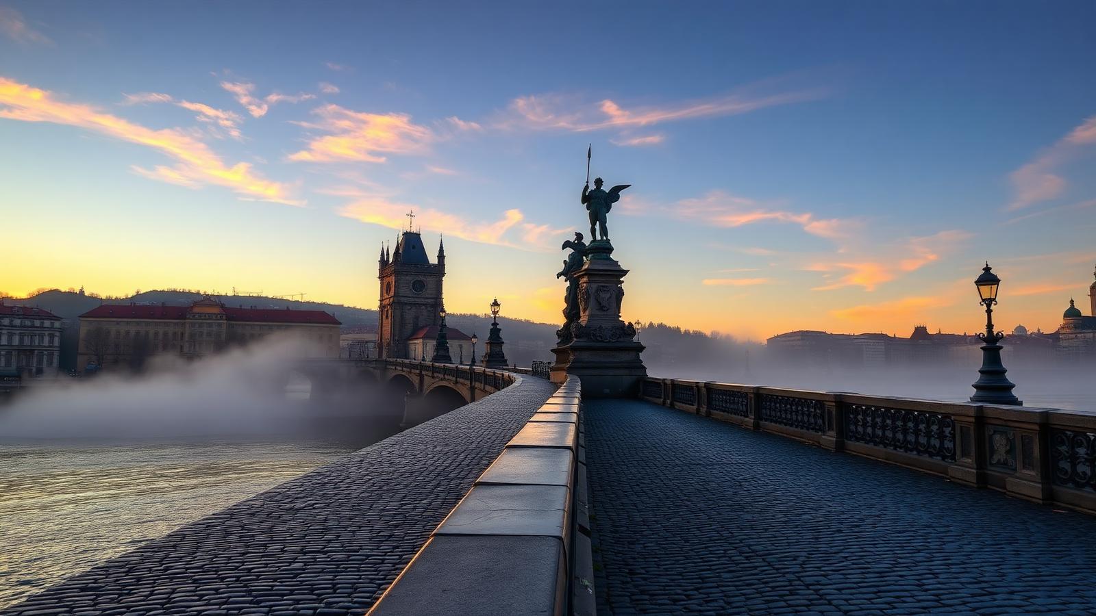 Puente de Carlos de Praga al amanecer con estatuas barrocas y niebla sobre el río Vltava