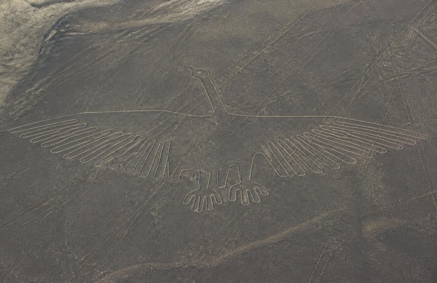 Geoglifo del cóndor de Nazca con las alas extendidas, visto desde el aire