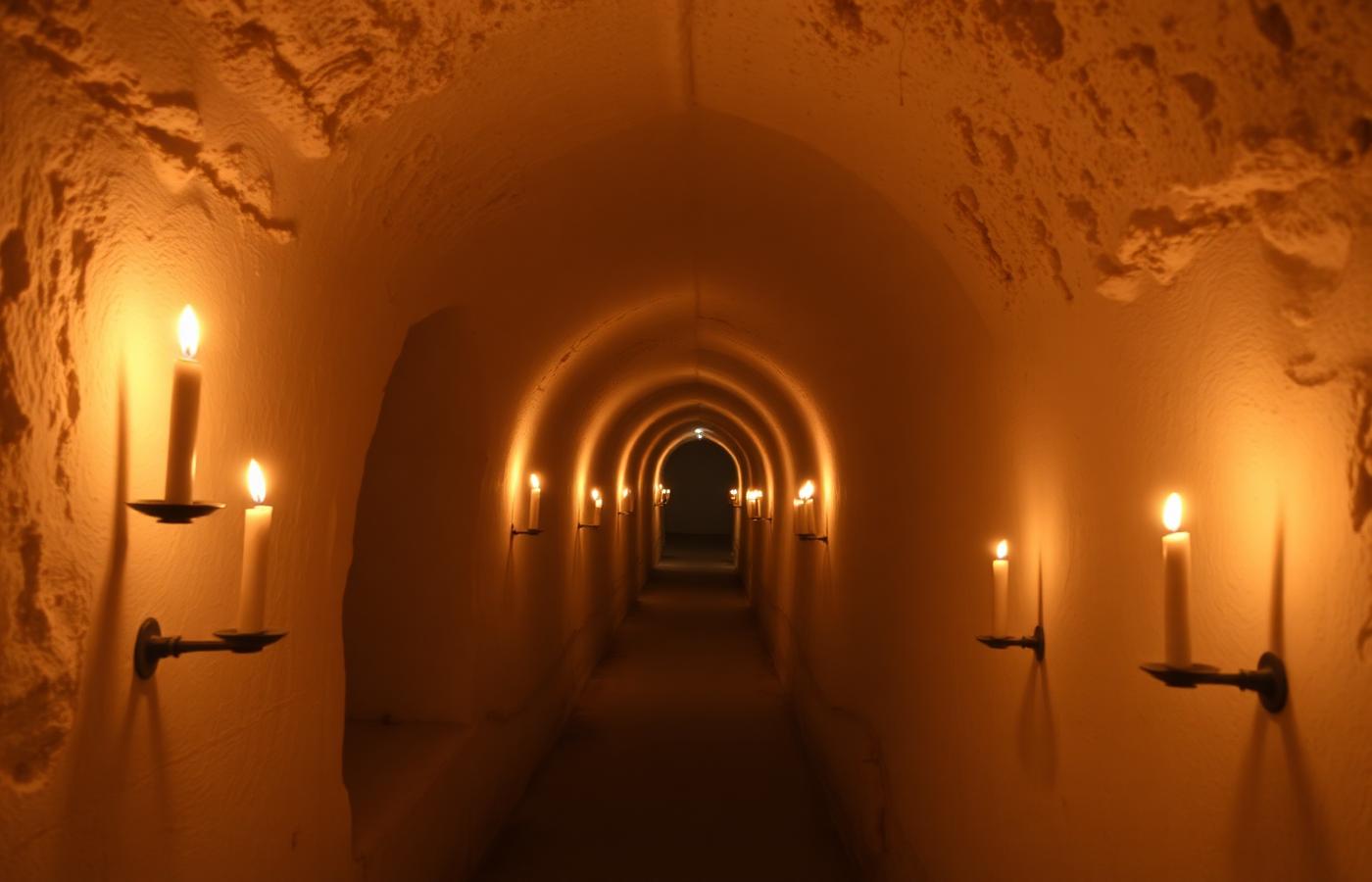 Pasillo subterráneo abovedado iluminado por velas en un monasterio ortodoxo