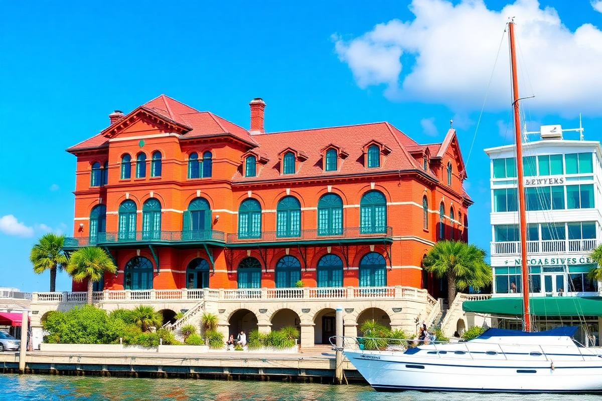 Edificio histórico de ladrillo rojo con ventanas en arco junto al puerto de Key West.
