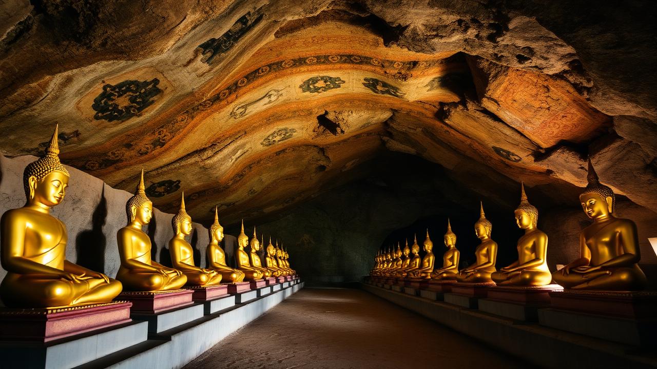 Filas de estatuas doradas de Buda bajo un techo con frescos en la gran cueva de Dambulla
