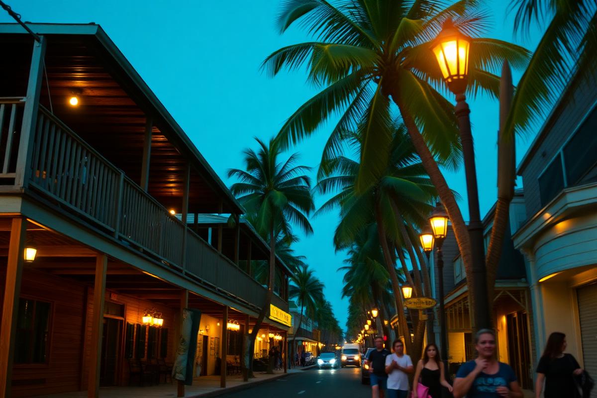 Calle tropical al anochecer con balcones de madera, palmeras y farolas encendidas.