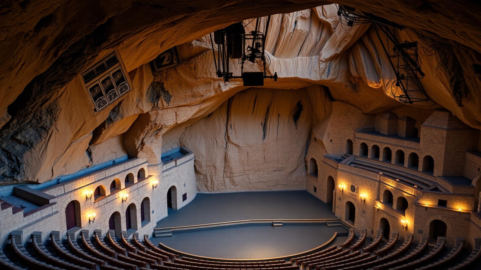 Teatro al aire libre excavado en la roca con arcadas de piedra iluminadas
