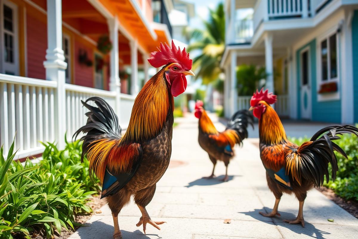 Gallo de plumaje rojizo caminando por una acera de Key West frente a casas de colores.