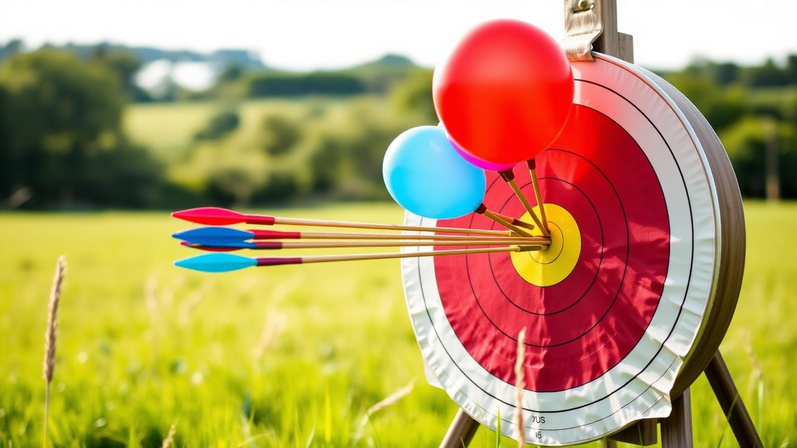 Diana de tiro con arco con globos de colores y flechas clavadas en un campo verde