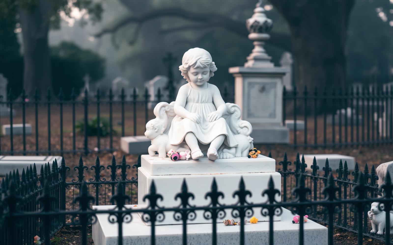 Estatua de mármol de una niña sentada en un cementerio, rodeada por una verja de hierro con juguetes