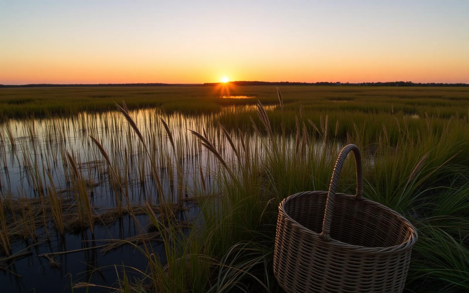 Marisma del Lowcountry al atardecer con hierba dulce y una cesta tradicional tejida
