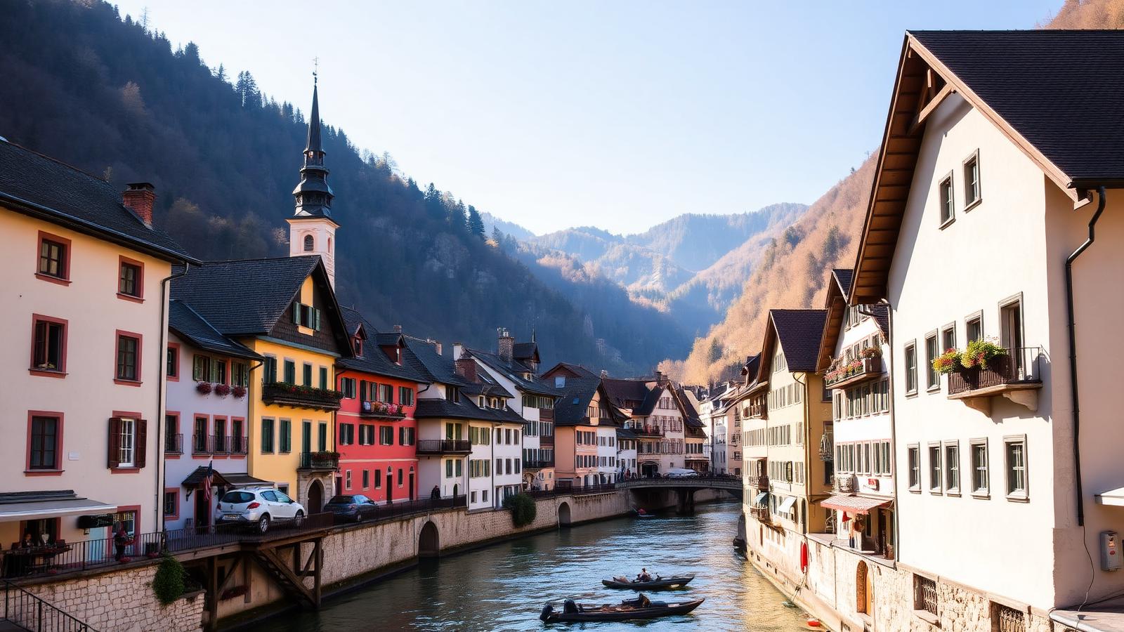 Centro histórico de Hallein con casas de colores junto al río Salzach