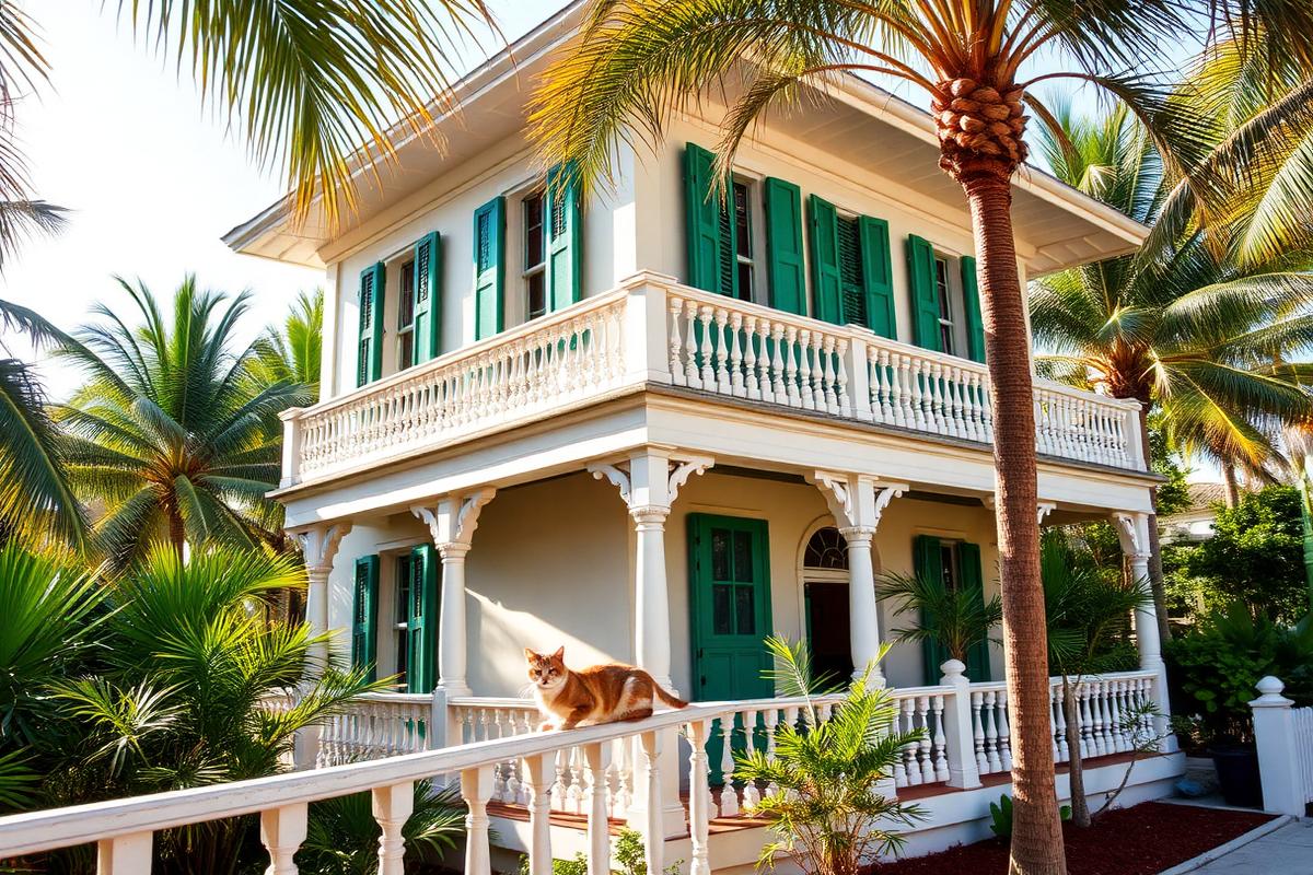 Casa colonial de dos plantas con contraventanas verdes y un gato en la barandilla, Key West.