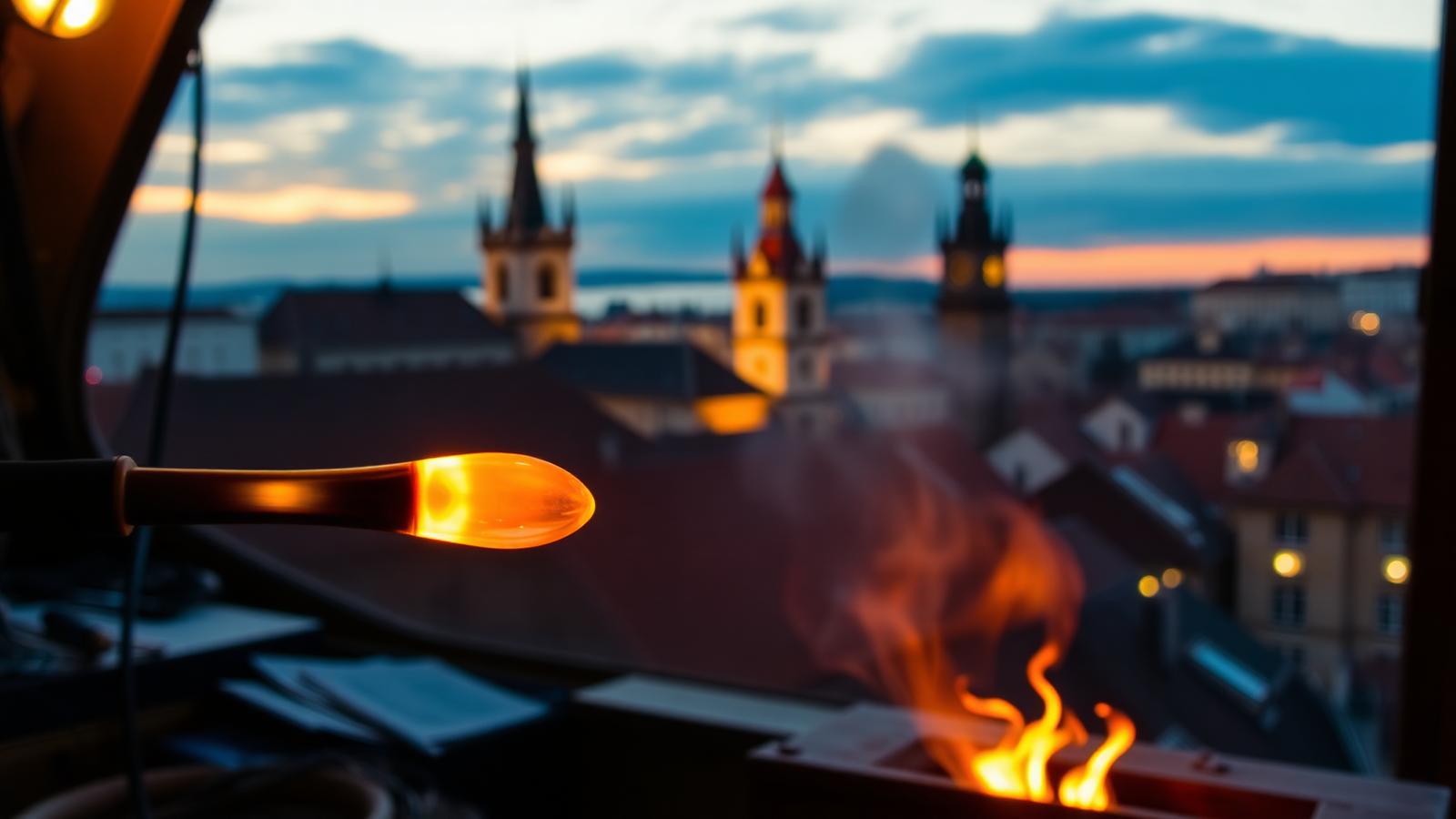 Vidrio fundido incandescente en el extremo de una caña de soplador con el perfil de torres de Praga al fondo