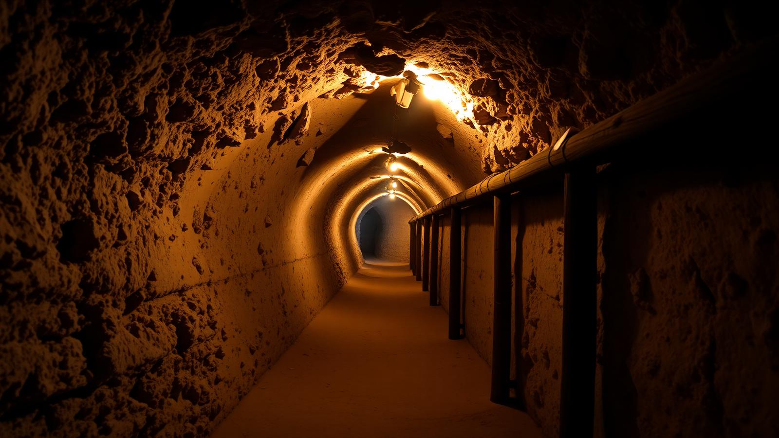 Túnel iluminado de una antigua mina de sal austriaca con soportes de madera y vetas de sal en la roca