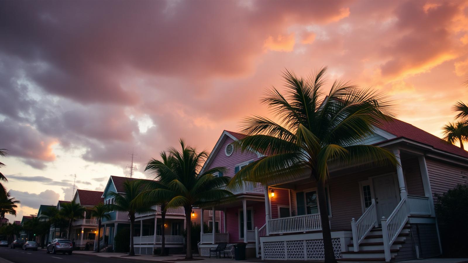 Casas de madera de colores pastel y palmeras en Old Town Key West al atardecer.