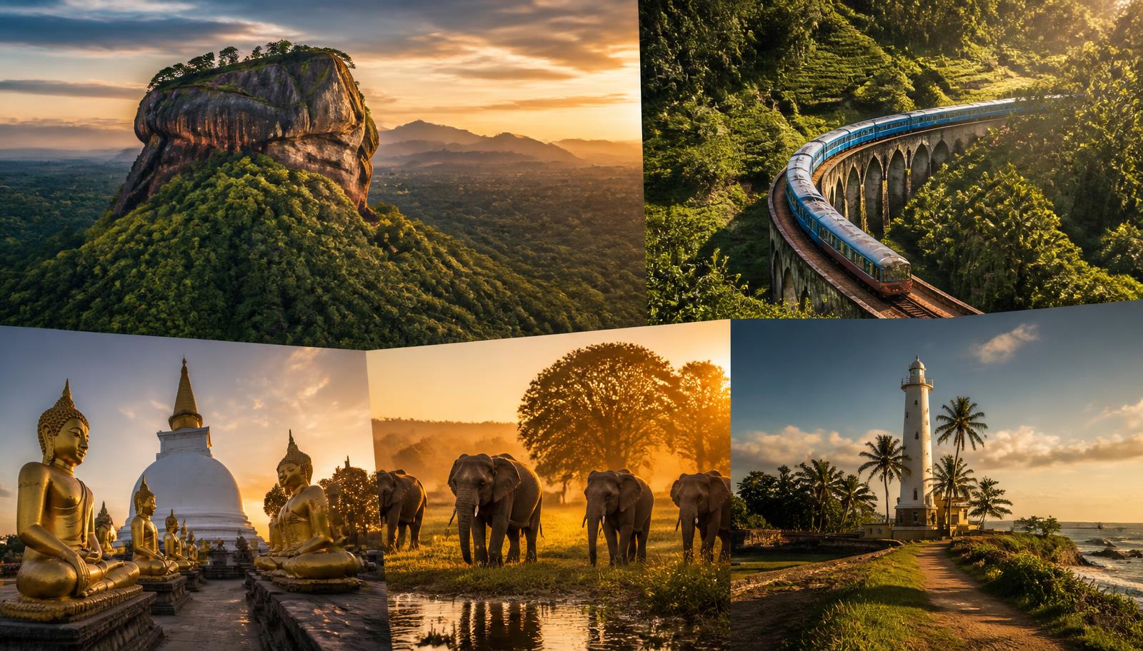 Collage de Sri Lanka: la roca de Sigiriya sobre la selva, un tren azul entre plantaciones de té, estatuas doradas de Buda, elefantes salvajes y el faro colonial de Galle