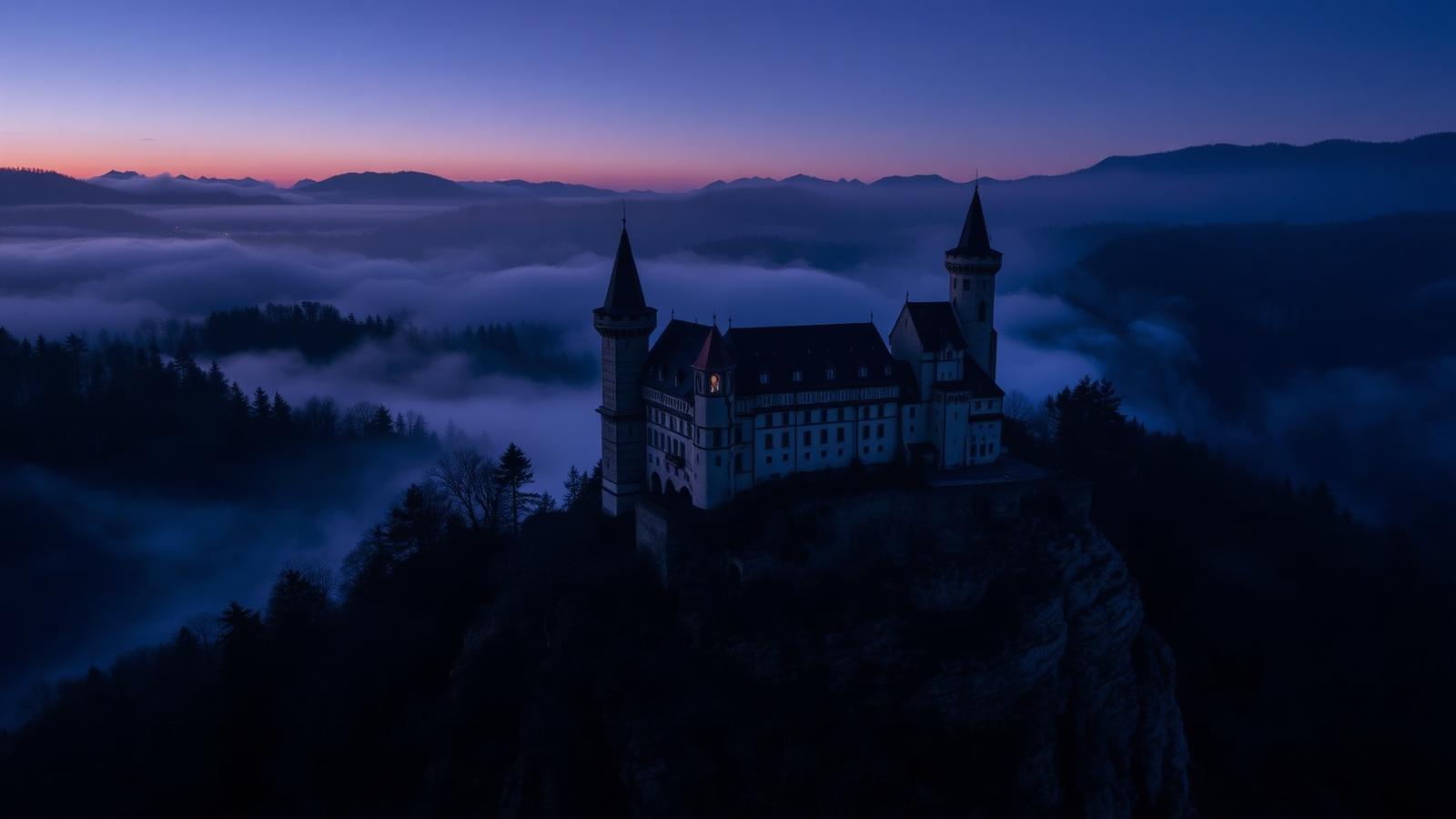 Castillo medieval sobre una roca entre la niebla y los bosques de los Cárpatos, en Transilvania