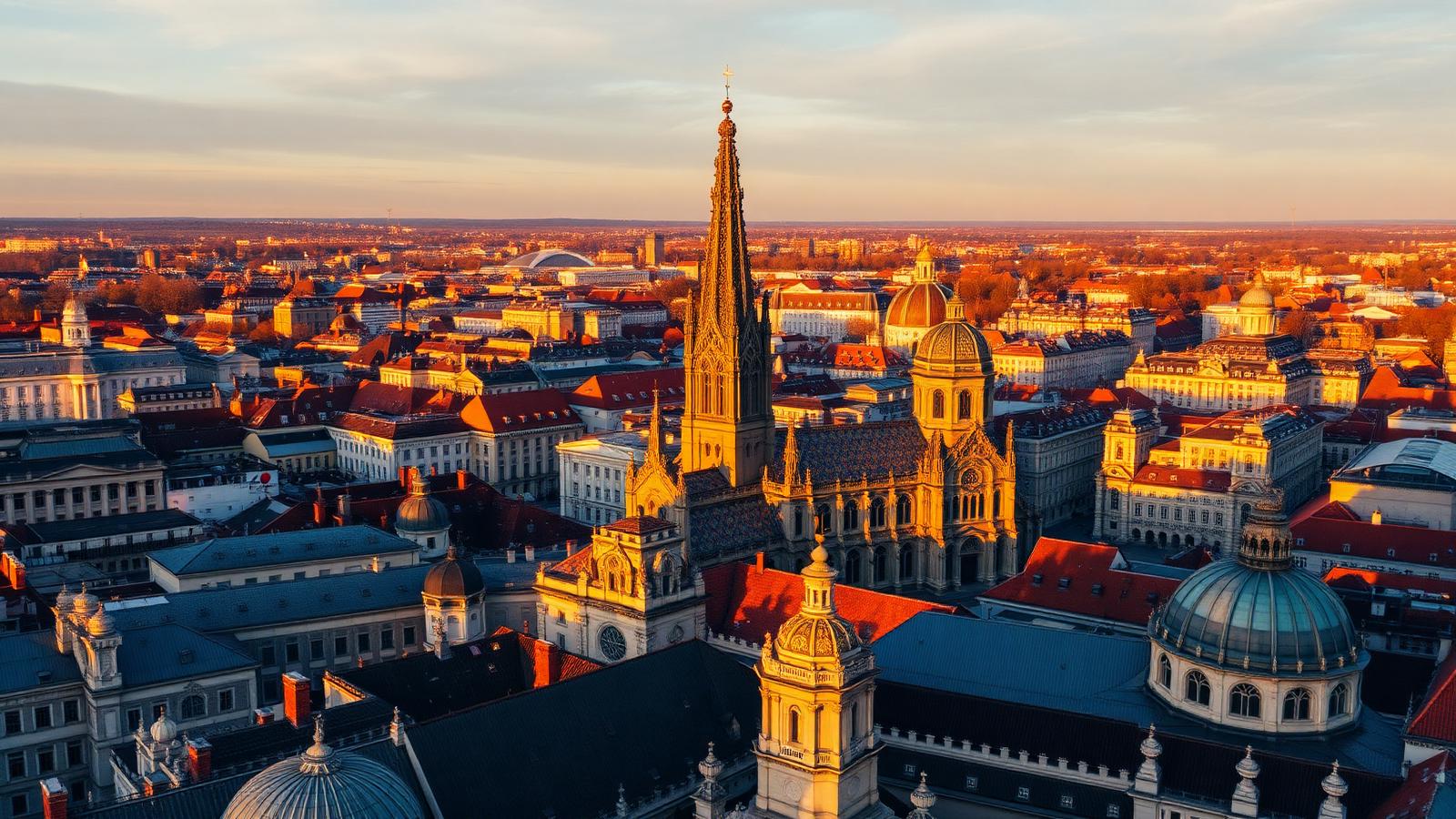 Vista aérea del centro histórico de Viena al atardecer, con la aguja gótica de la catedral de San Esteban entre cúpulas y tejados imperiales