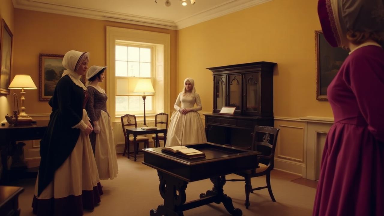 Interior de época con trajes y escritorio dedicado a Jane Austen en Bath.