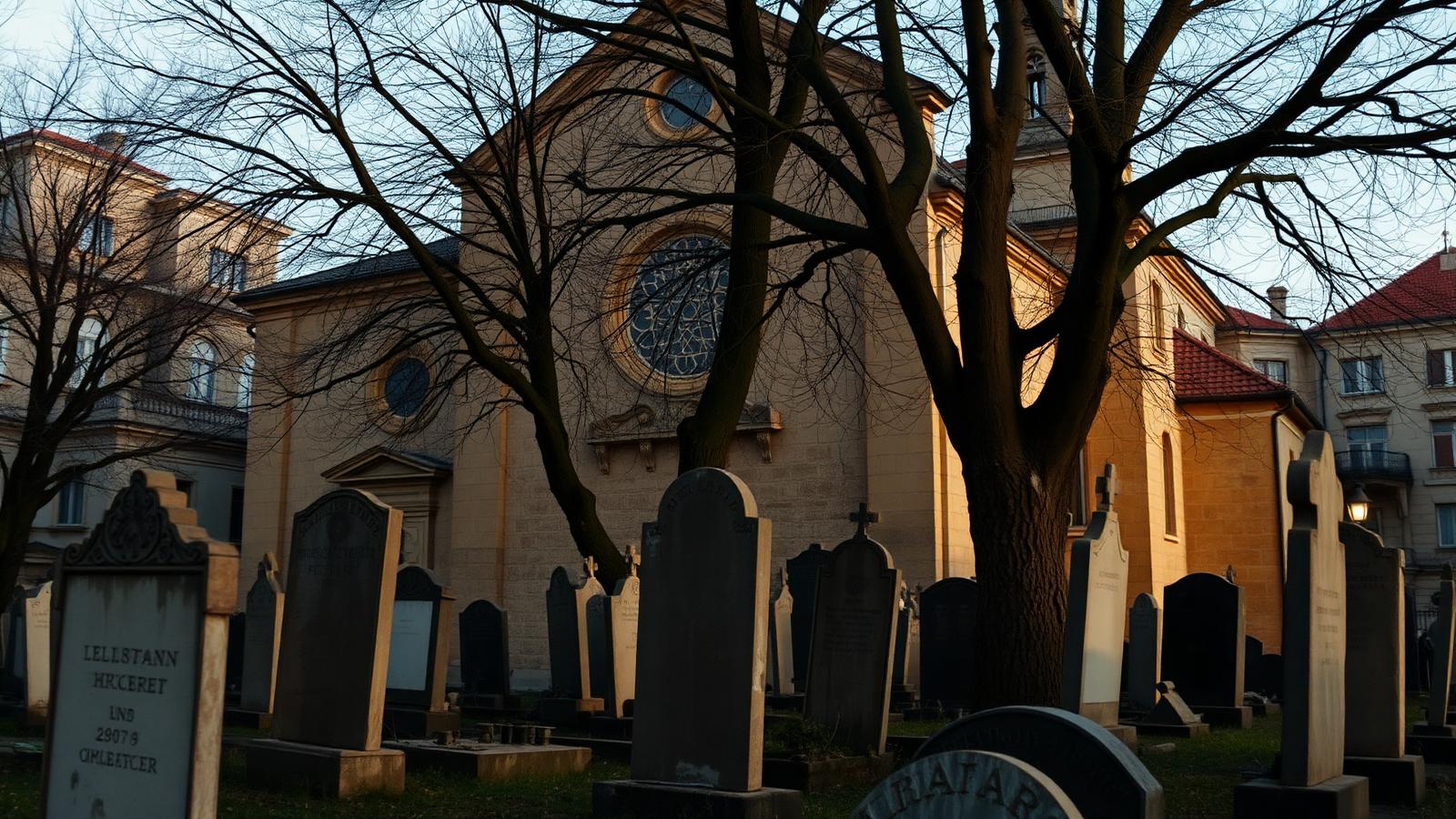 Antiguas lápidas inclinadas y fachada de una sinagoga en el barrio judío de Praga