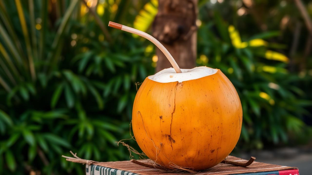 King coconut naranja abierto con una pajita en un puesto junto a la carretera