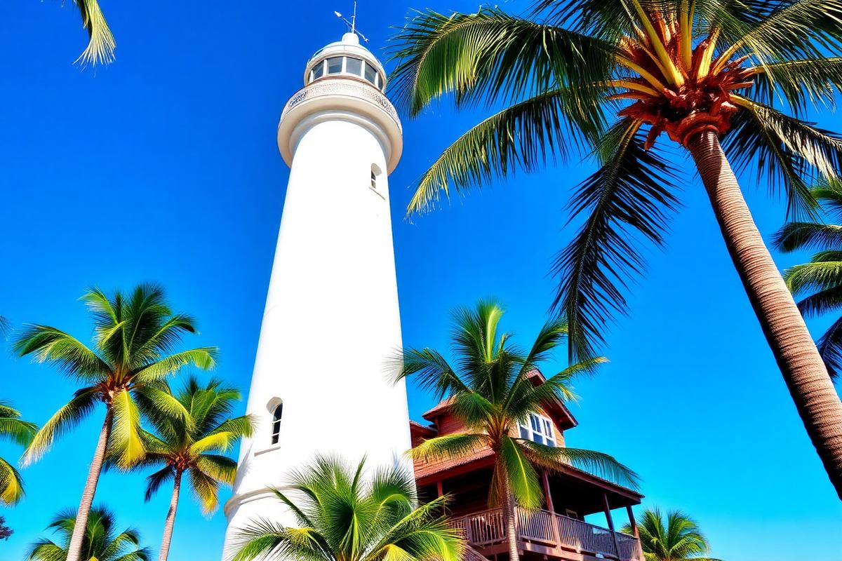 Faro blanco rodeado de palmeras junto a la casa de los fareros en Key West.