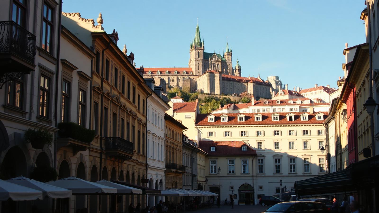 Calle histórica de Malá Strana en Praga con terrazas y el castillo al fondo