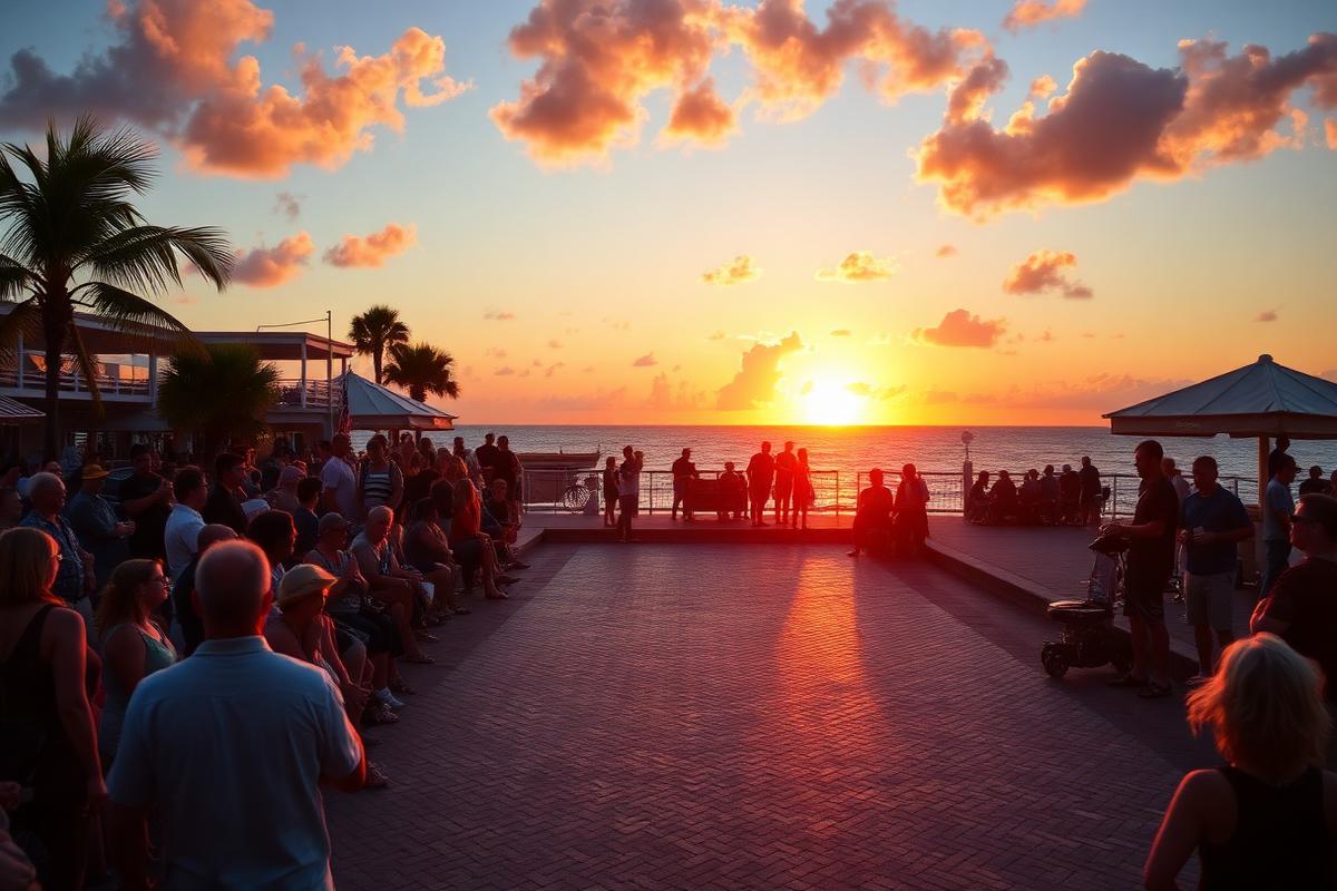 Público reunido en una plaza frente al mar contemplando una puesta de sol naranja.