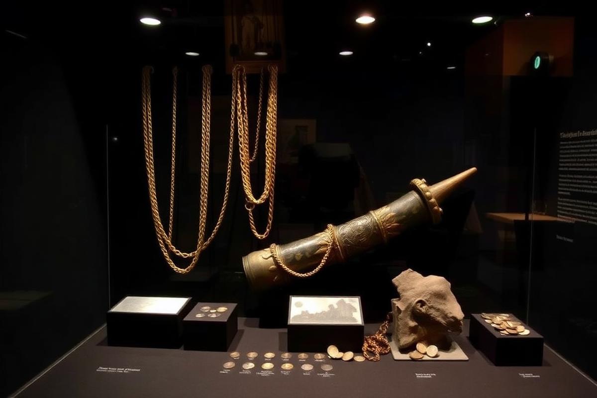 Vitrina de museo con cadenas de oro, monedas y objetos rescatados de un naufragio.