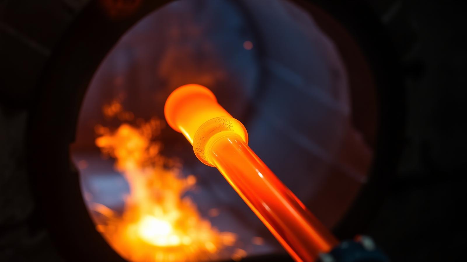 Vidrio fundido naranja incandescente en el extremo de una caña frente a la boca del horno