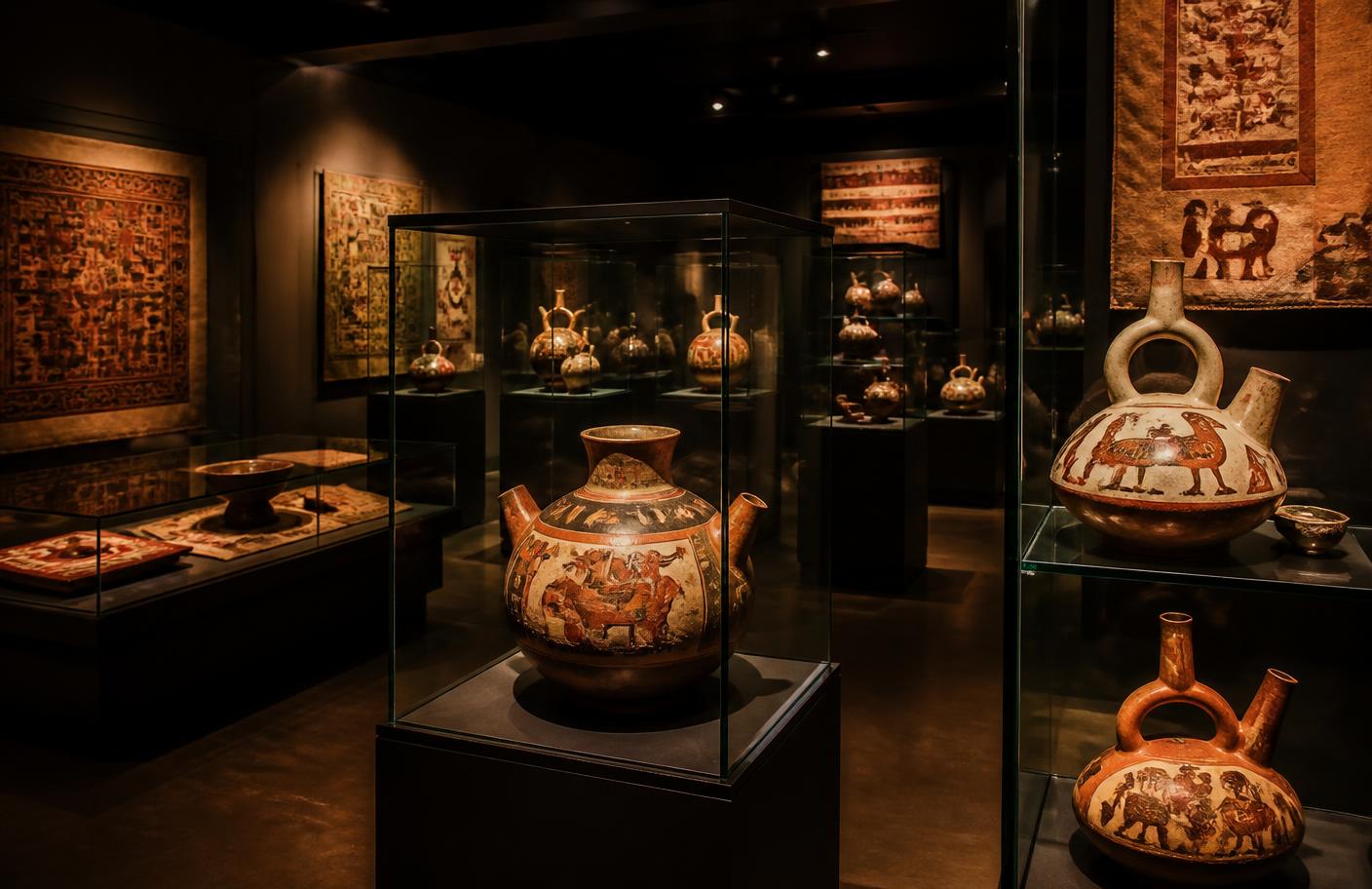 Vitrinas con cerámica policroma y textiles andinos en un museo arqueológico