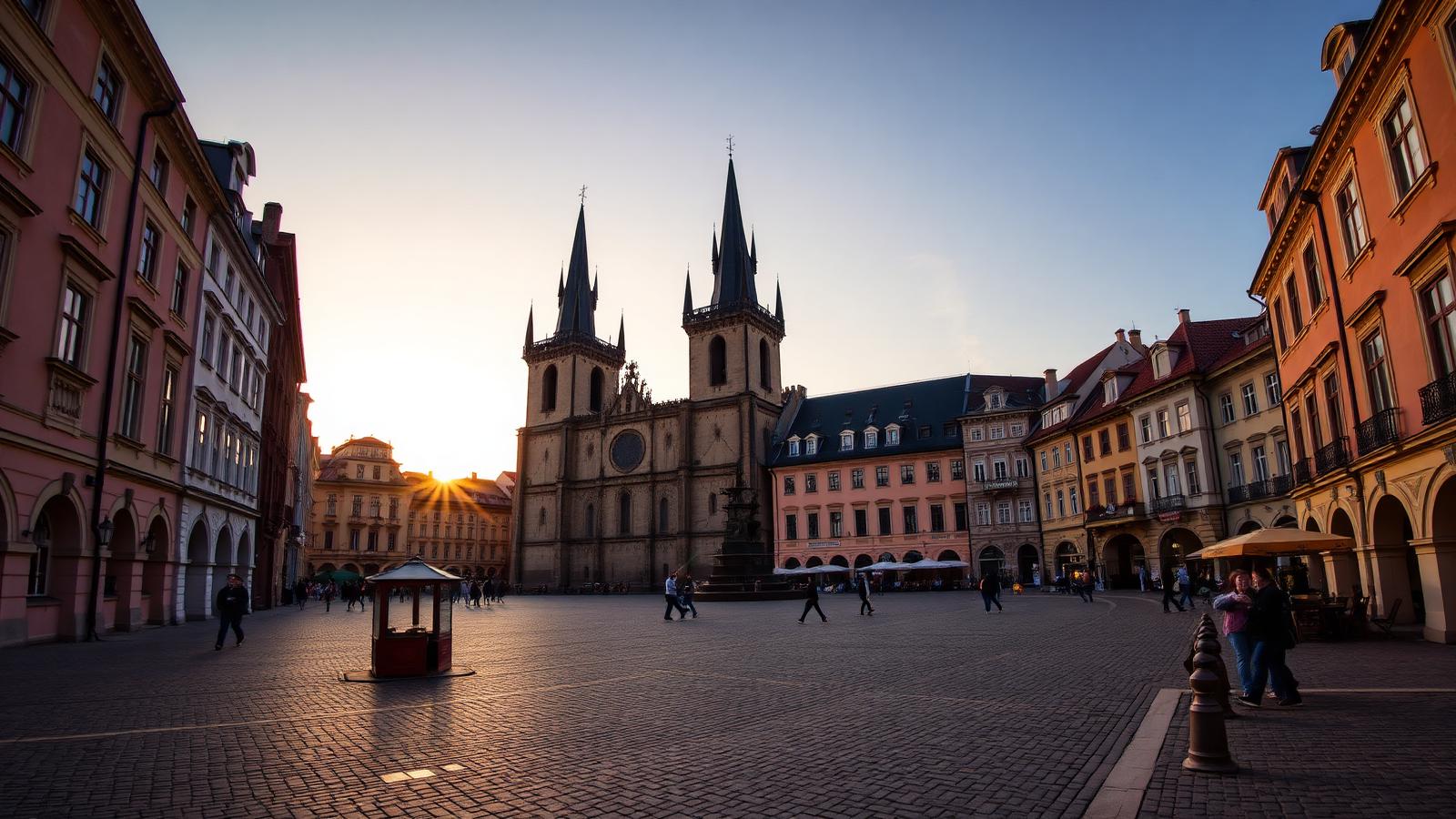 Plaza de la Ciudad Vieja de Praga con fachadas de colores y torres góticas al atardecer