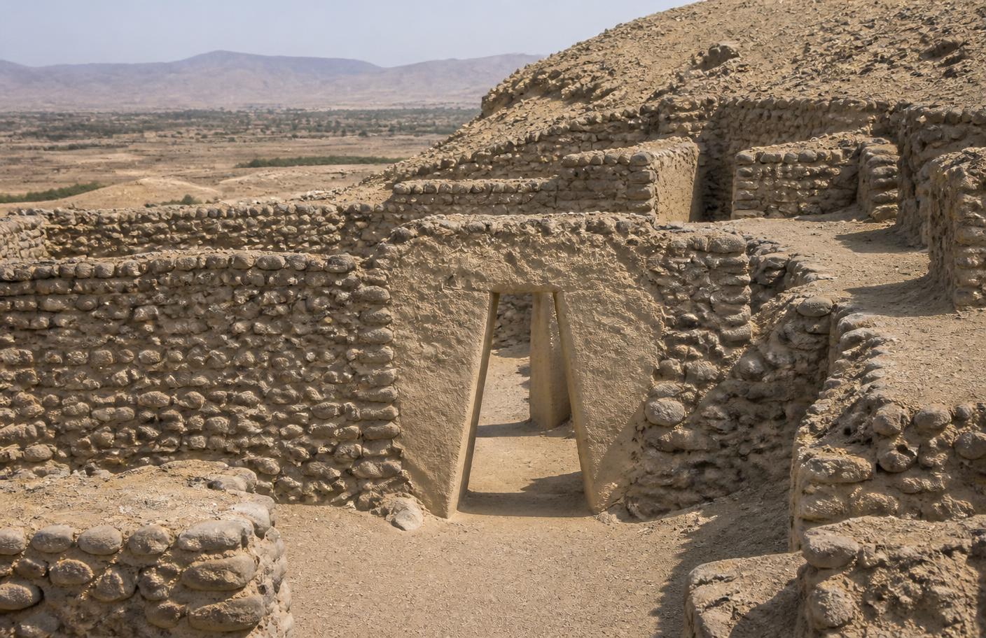 Muros de piedra y adobe con vanos trapezoidales del sitio inca de Los Paredones